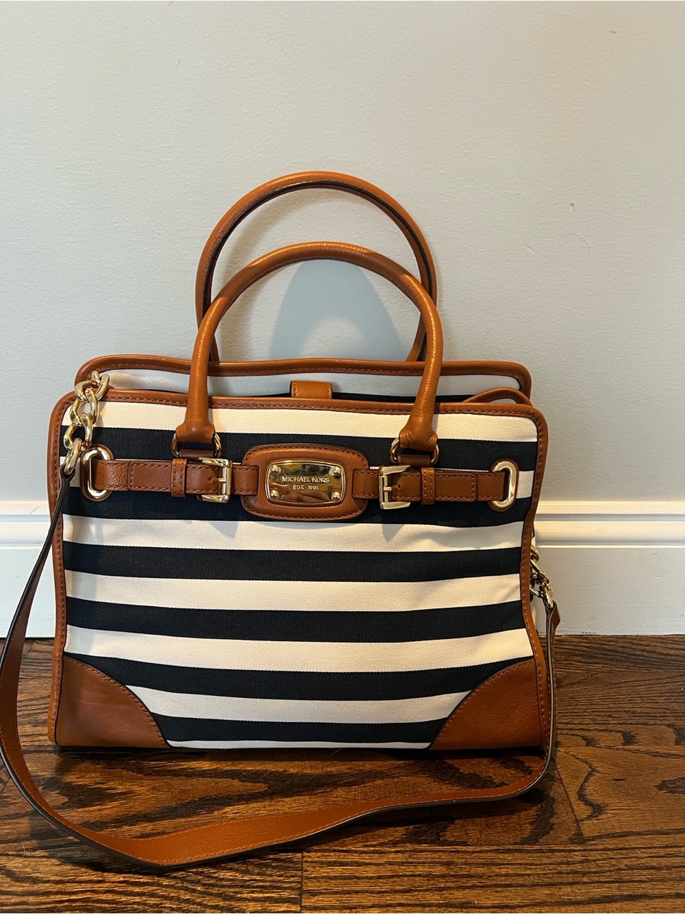 Used- Michael Kors Navy & White Striped Canvas Satchel with Brown Leather Trim